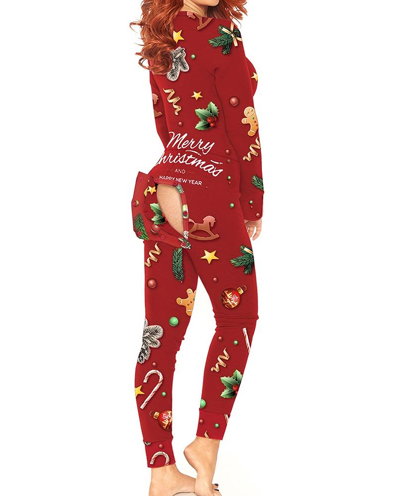

Christmas Functional Buttoned Flap Adults Pajamas, Red