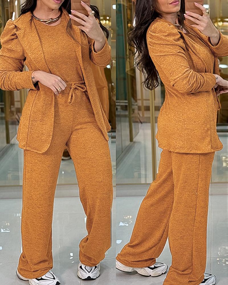 

3PCS Knit Textured Puff Sleeve Notched Collar Casual Coat and Sleeveless Tank with Drawstring Wide Leg Pants Set, Dark yellow