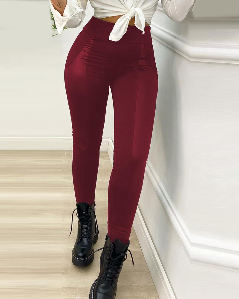 

High Waist PU Leather Patch Skinny Pants, Wine red