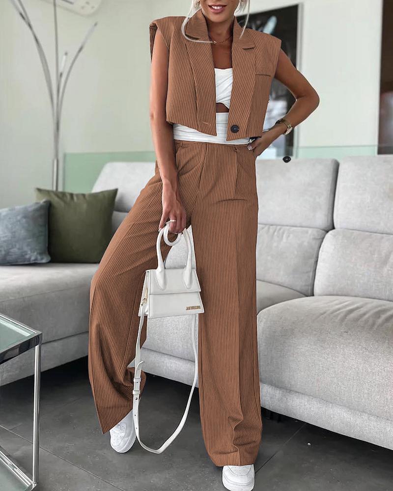 

Striped Padded Shoulder Top & Wide Leg Pants Set, Dark brown