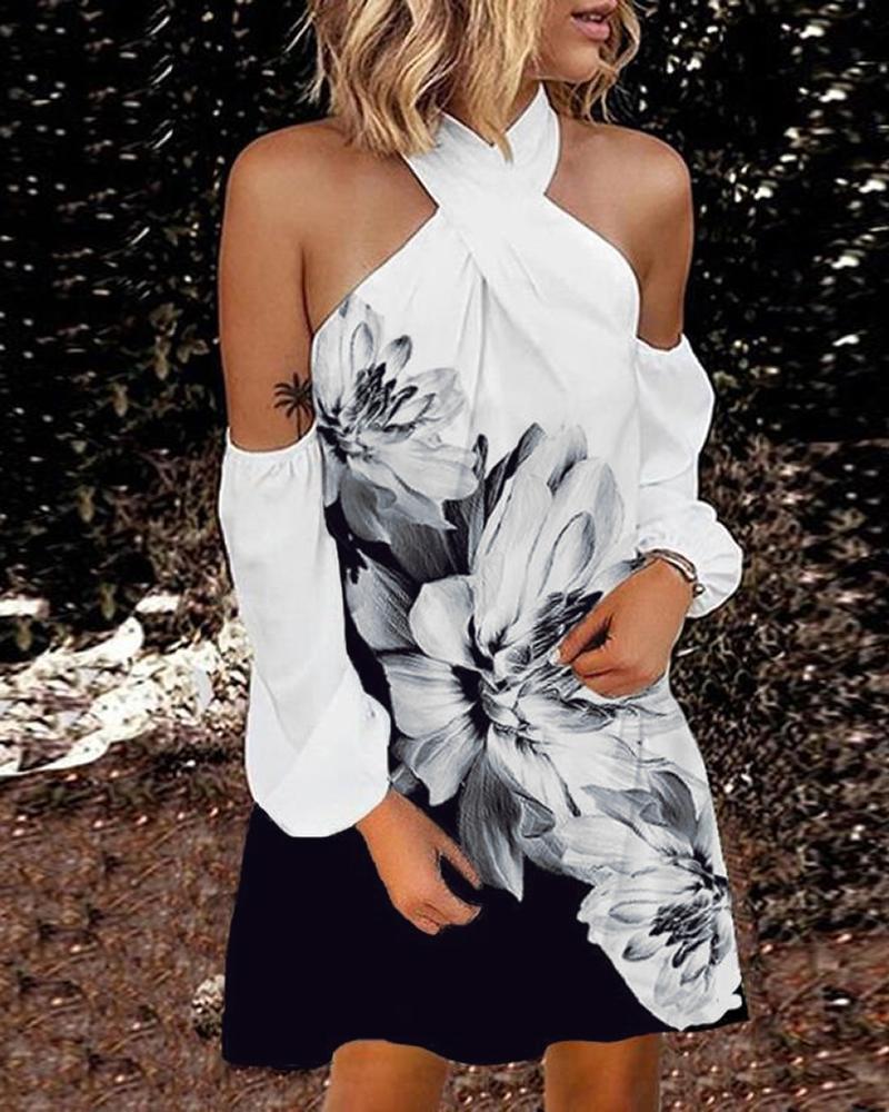 

Crisscross Floral Print Lantern Sleeve Cold Shoulder Dress, White