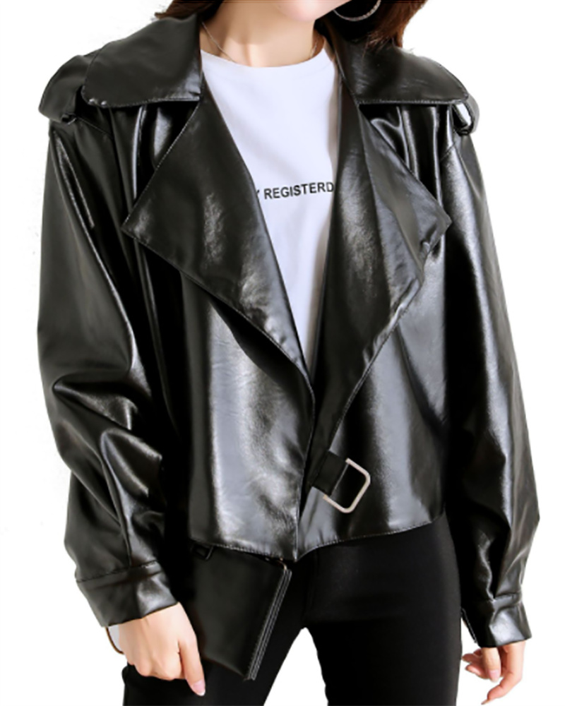 

Long Sleeve Button Design PU Leather Jacket, Black