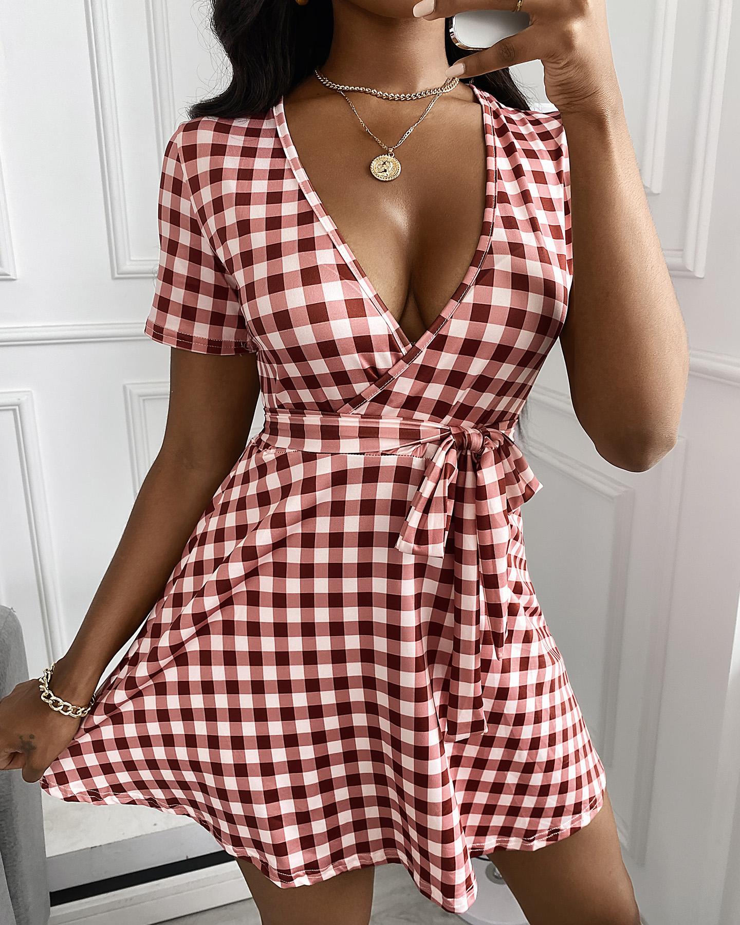 

Plaid Strap Sleeveless Skinny A-line Mini Dress, Wine red
