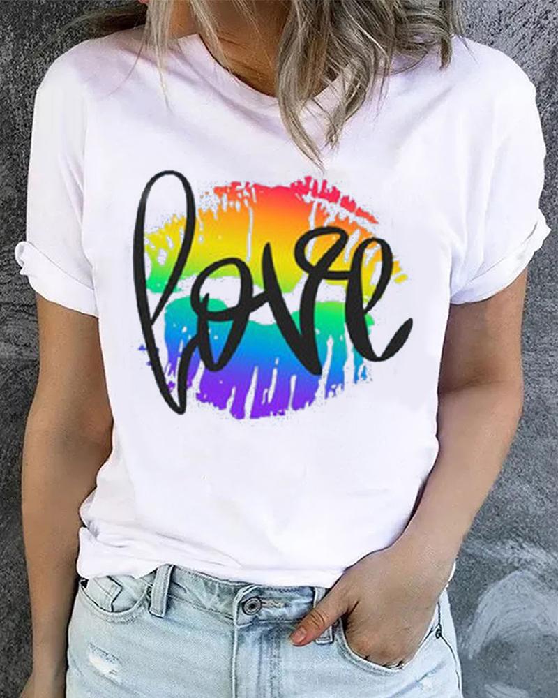 

Pride Month Rainbow Love Lip Print Round Neck T-shirt, White