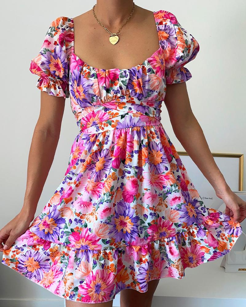

Floral Print Short Sleeve A-line Dress, Multicolor