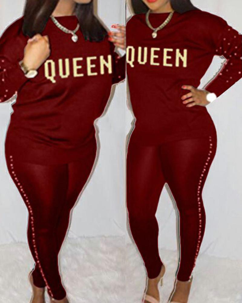 

Plus Size Letter Print Beaded Long Sleeve Top & Pants Set, Wine red