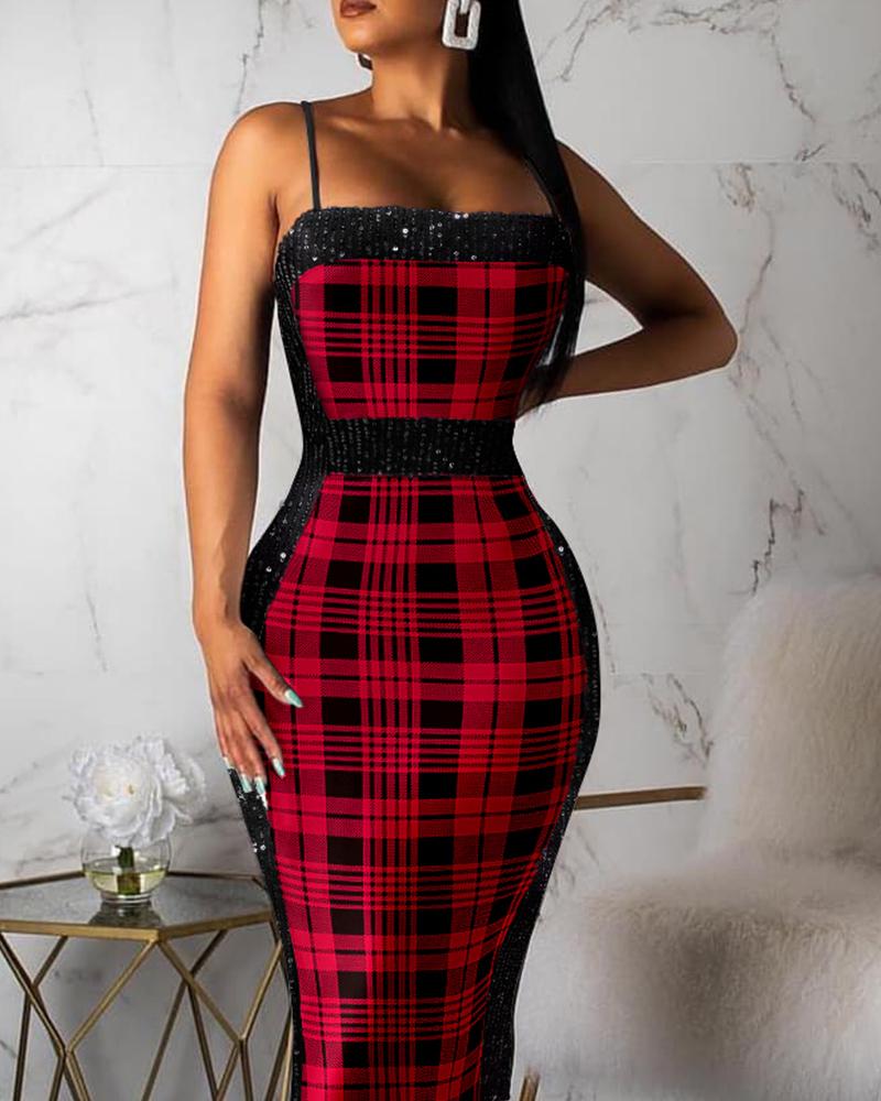 

Plaid Print Contrast Sequin Bodycon Dress, Black