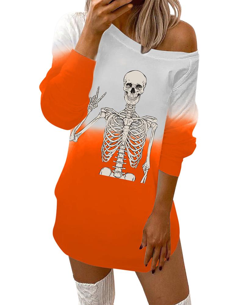 

Halloween Skeleton Print Colorblock Sweatshirt Casual Dress, Orange