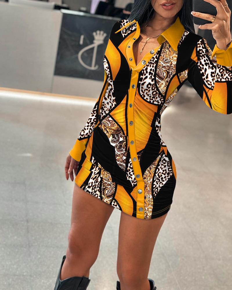 

Baroque Leopard Print Buttoned Bodycon Dress, Yellow