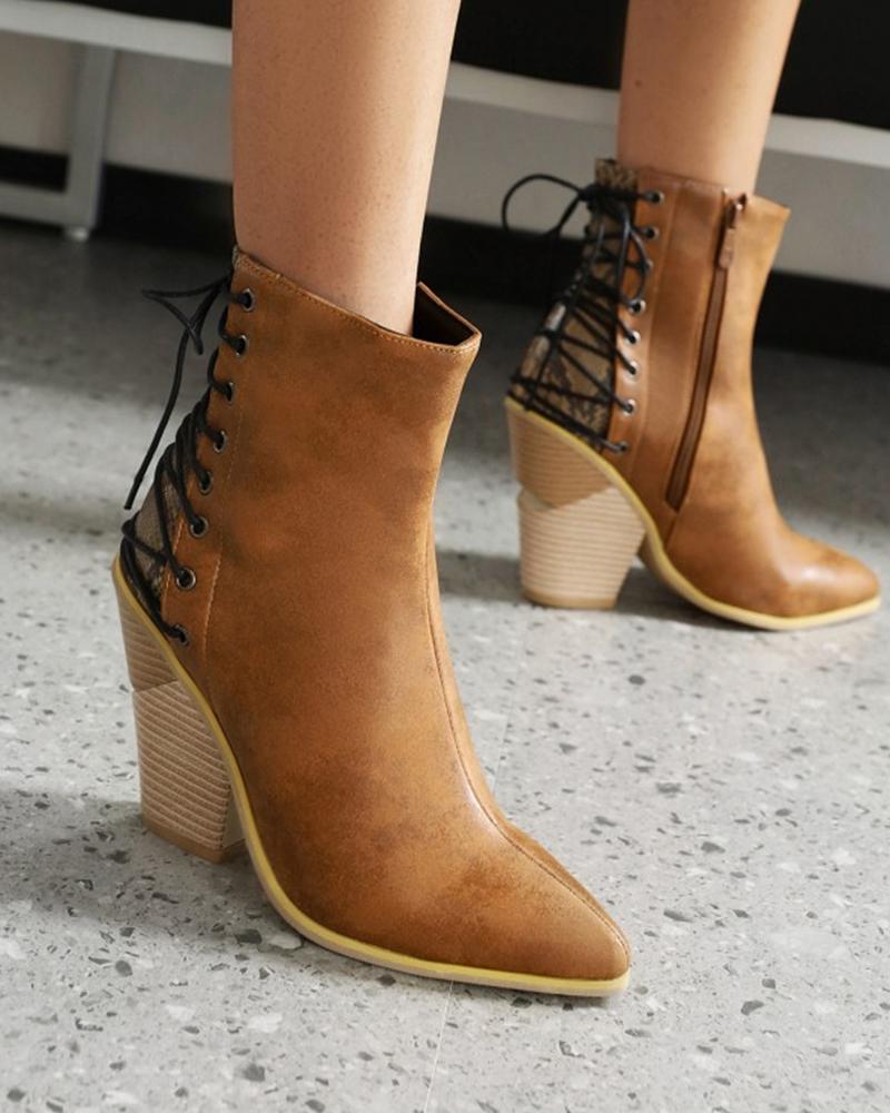 

Womens Chunky Heel Back Lace Up Patchwork Ankle Boots, Brown