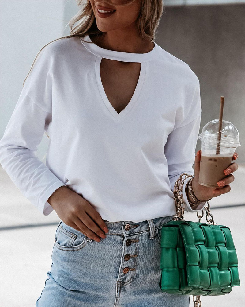 

Long Sleeve Keyhole Neck Casual Top, White