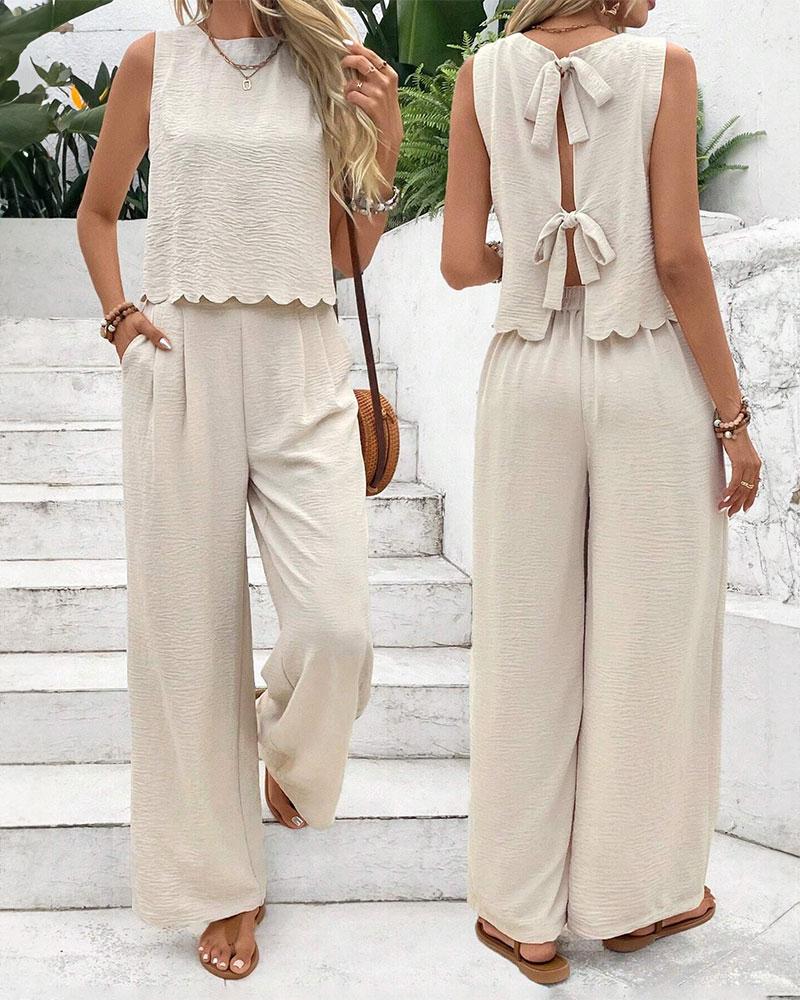 

Ensemble 2 pièces avec débardeur sans manches à lacets dans le dos et pantalon à poches décontractées, Apricot
