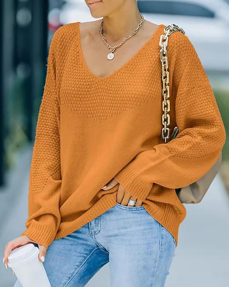 

Knit V Neck Long Sleeve Casual Sweater, Yellow