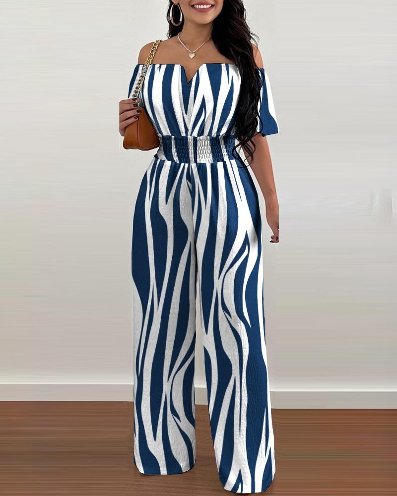 

Zebra Stripe Print Off Shoulder Shirred Waist Jumpsuit, Blue