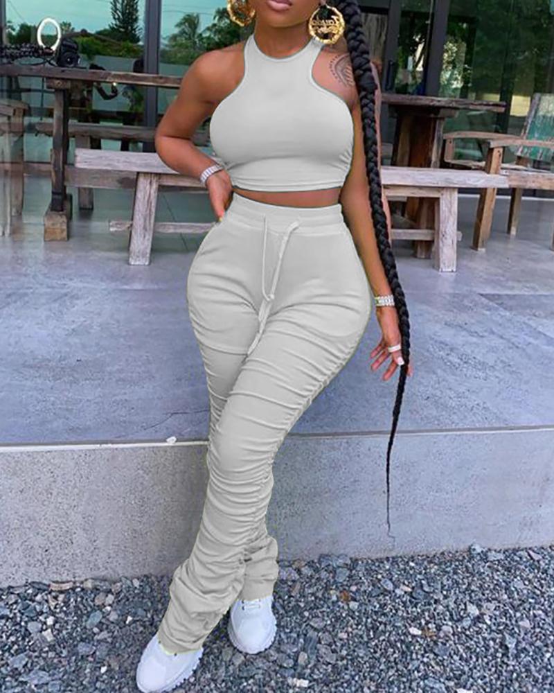 

Sleeveless Crop Top & Ruched Bootcut Pants Set, Gray