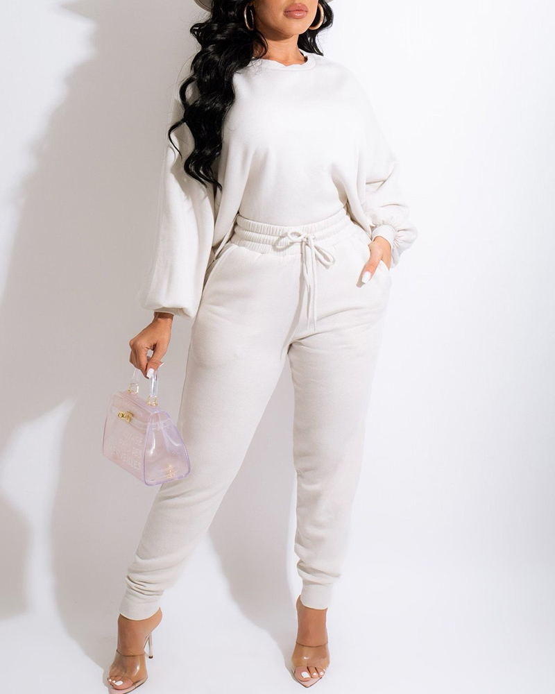 

Lantern Sleeve Top & Drawstring Pocket Design Pants Set, White