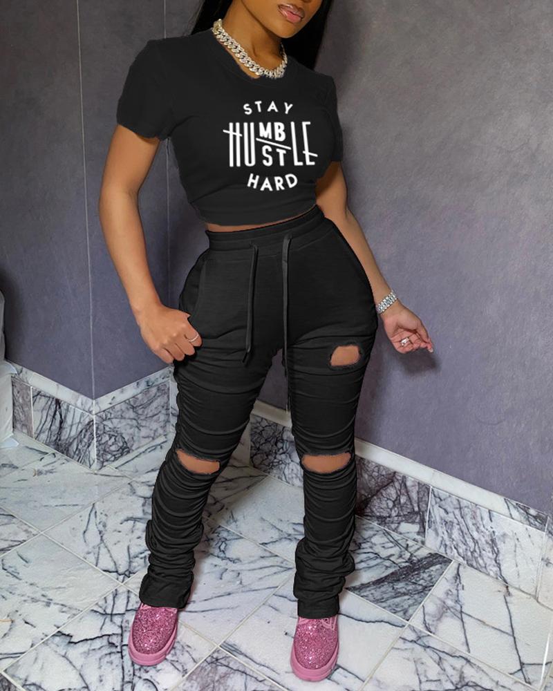 

Stay Humble Hustle Hard Print Crop Top & Cutout Ruched Pants Set, Black