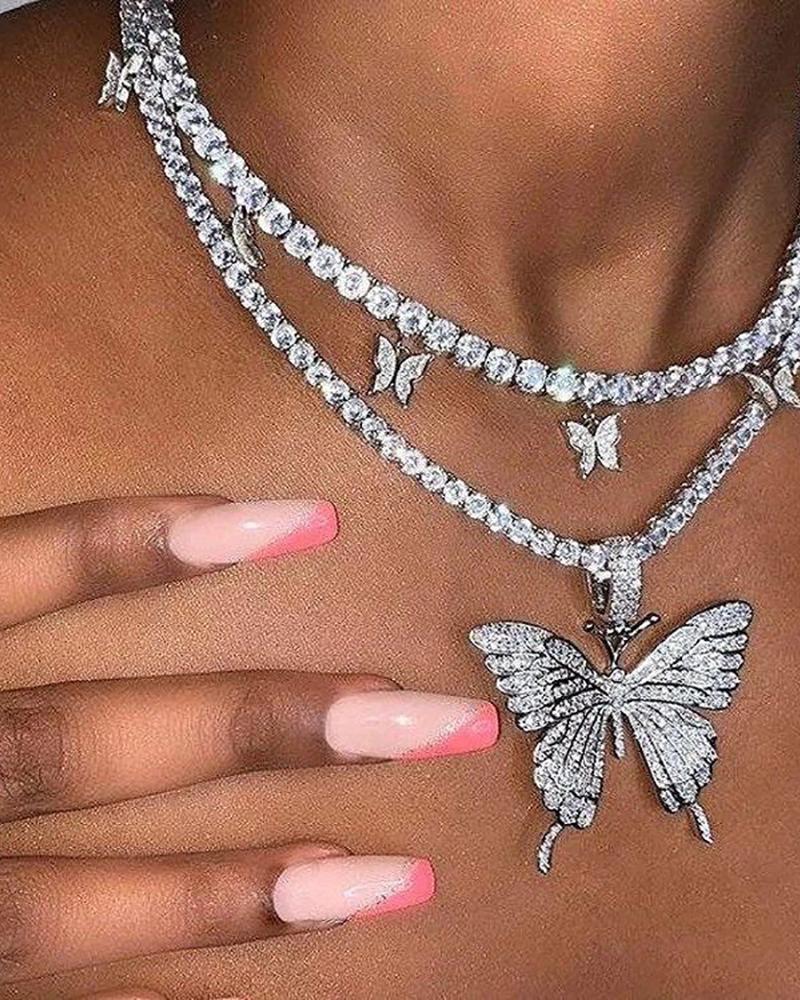 

Rhinestone Butterfly Pendant Necklace, Silver