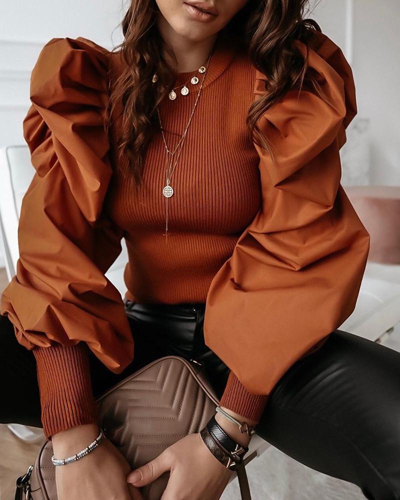 

Round Neck Puff Sleeve Insert Ribbed Blouse, Orange
