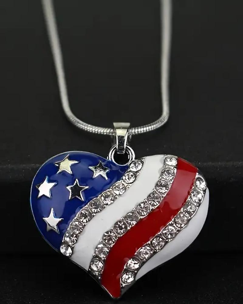 

1pc Independence Day Rhinestone Flag Love Heart Star Pendant Necklace, Style1