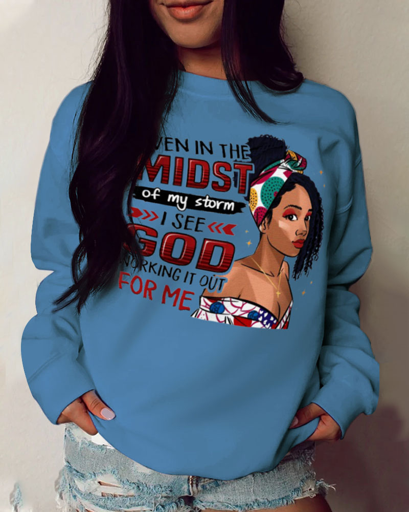 

Plus Size Figure Letter Print Long Sleeve Sweatshirt, Blue