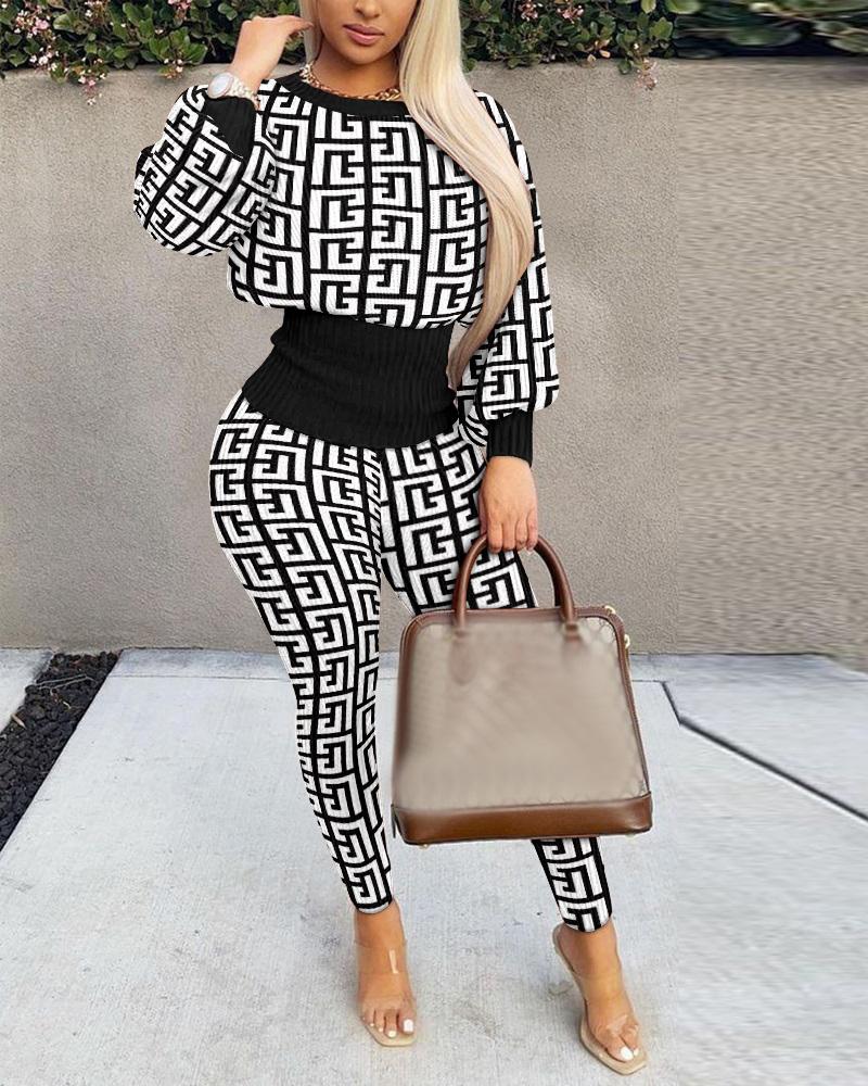 

Geometric Print Lantern Sleeve Top & Pants Set, Blackwhite