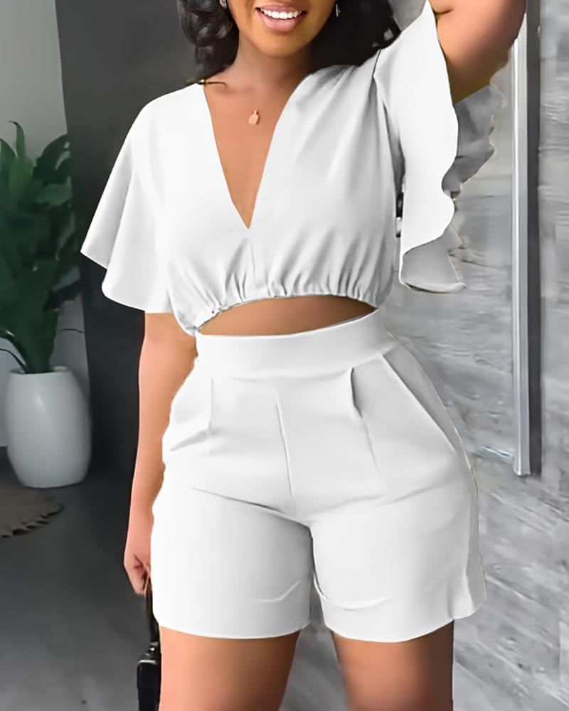 

V-Neck Flutter Sleeve Crop Top & Shorts Set, White