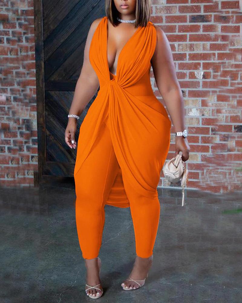 

Plunging Neck Twist Draped Sleeveless Jumpsuit, Orange