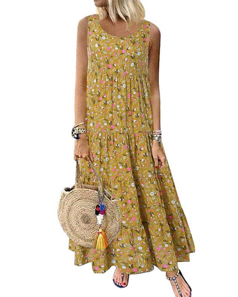 

Floral Leaf Print Sleeveless Maxi Dress, Yellow