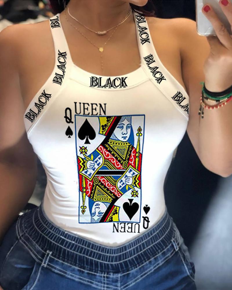 

Thick Strap Backless Letter Poker Print Sporty Top, White