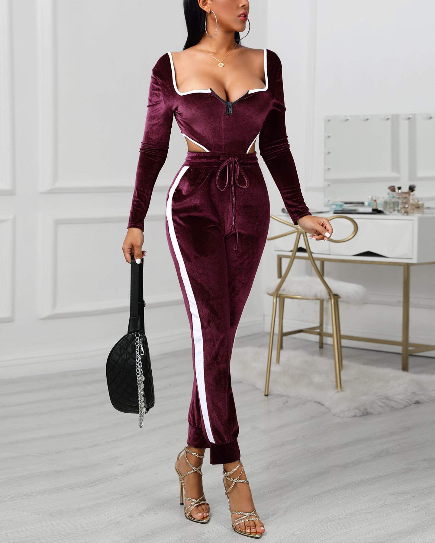 

Colorblock Zipped Drawstring Design Backless Jumpsuit, Wine red