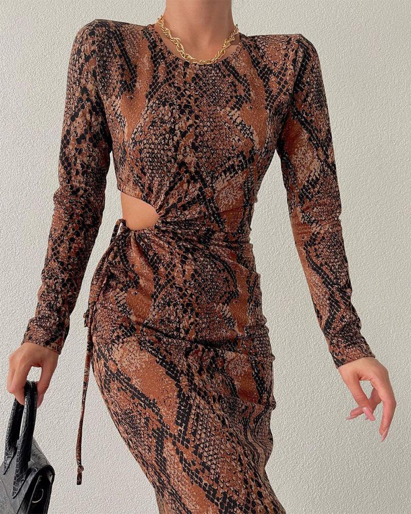 

Snakeskin Print Drawstring Cutout Long Sleeve Dress