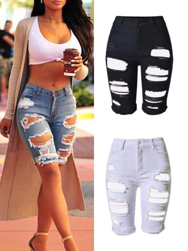 

Women' Spring Harajuku Denim Ripped Boyfriend Short Pants Jeans Elastic Hole Leggings Short Pants, White;black