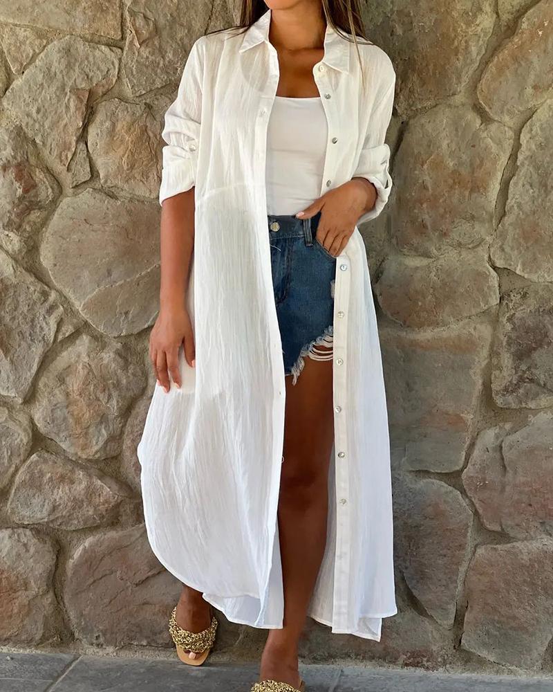 

Buttoned Roll Up Sleeve Longline Shirt, White