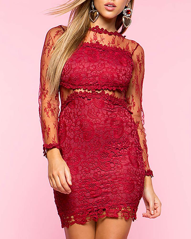 

Flower Embroidered Mesh Lace Splicing Long Sleeve Dress, Red