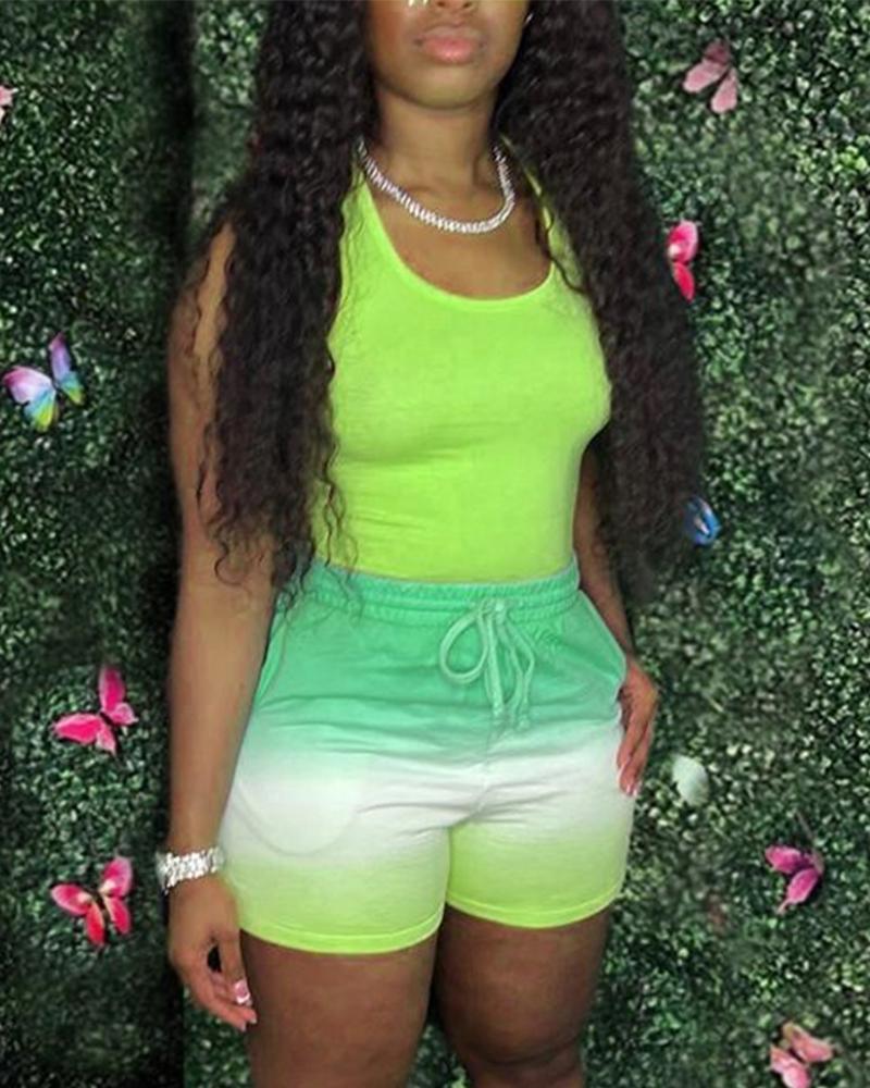 

Basic Tank Top & Ombre Drawstring Shorts Set, Green