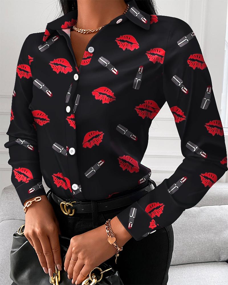 

Valentine' Day Lip Print Button Down Shirt, Black