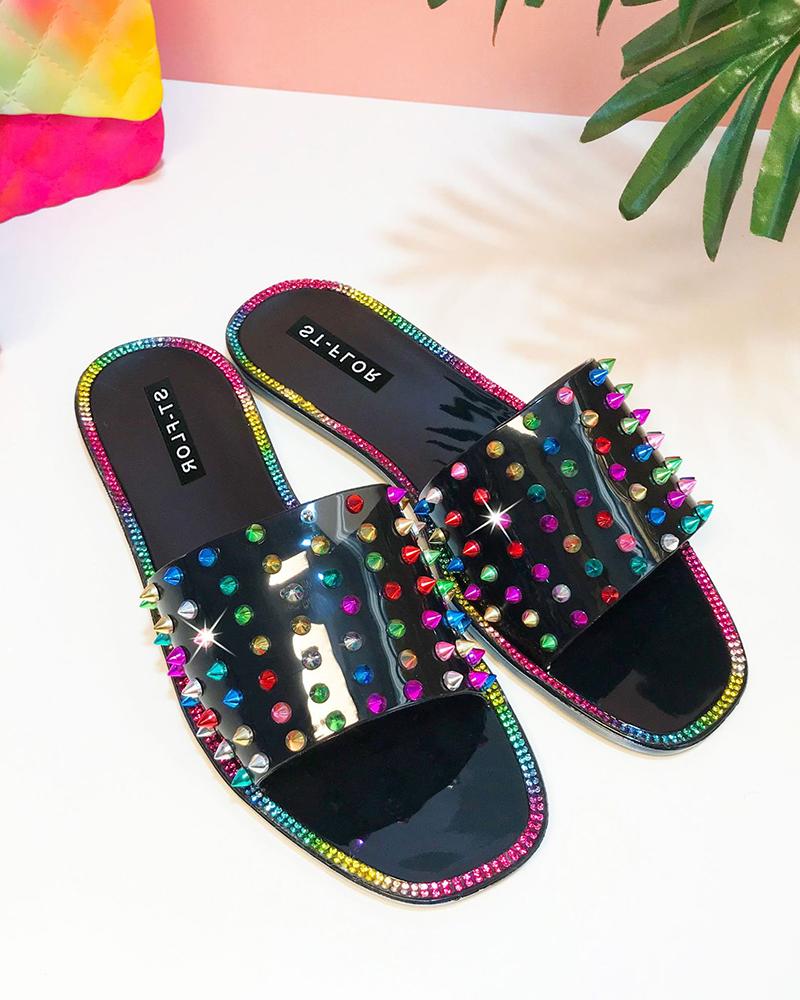 

Round-toe Multicolor Print Flat Slippers, Black