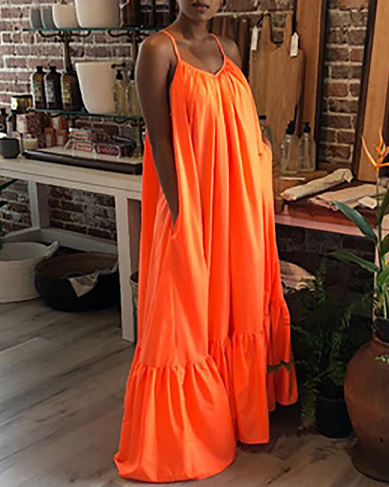 

V-Neck Sleeveless Ruched Maxi Dress, Orange