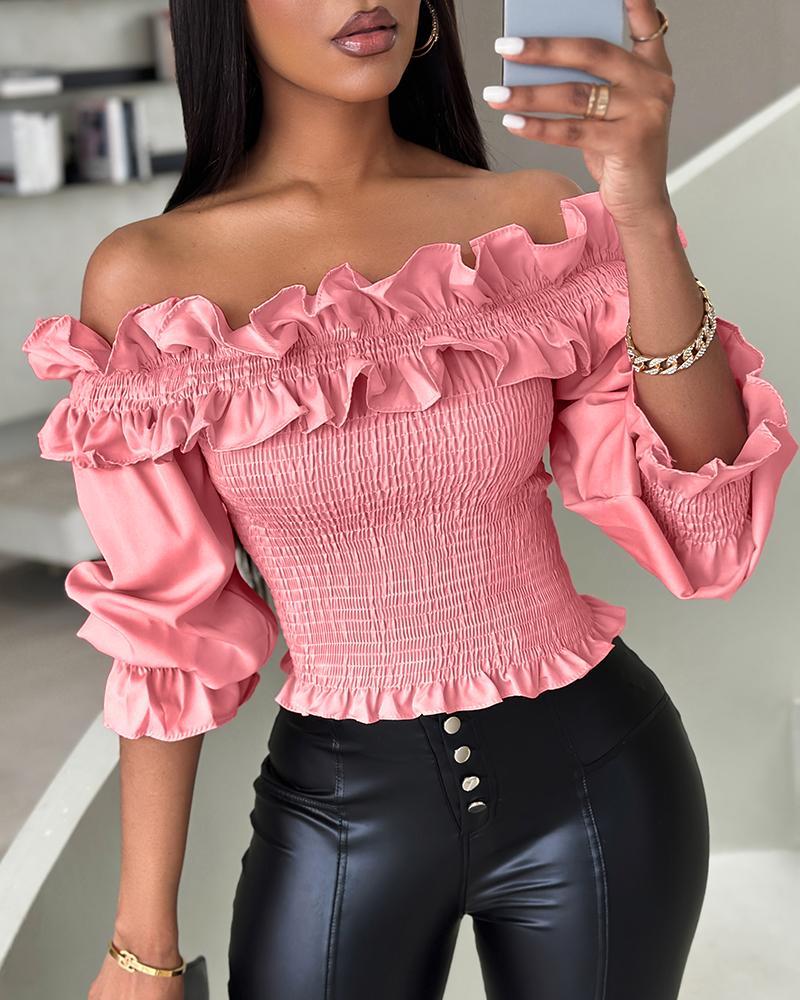 

Frill Hem Shirred Off Shoulder Top, Pink