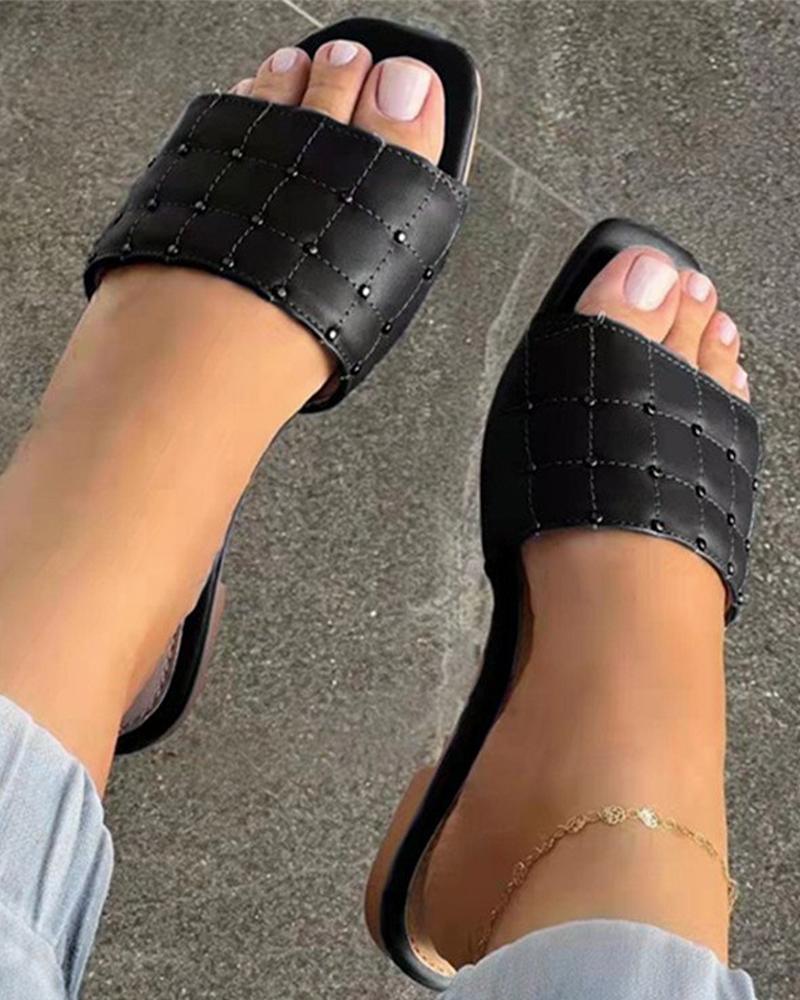 

Quilted Studded Square Toe Slippers, Black