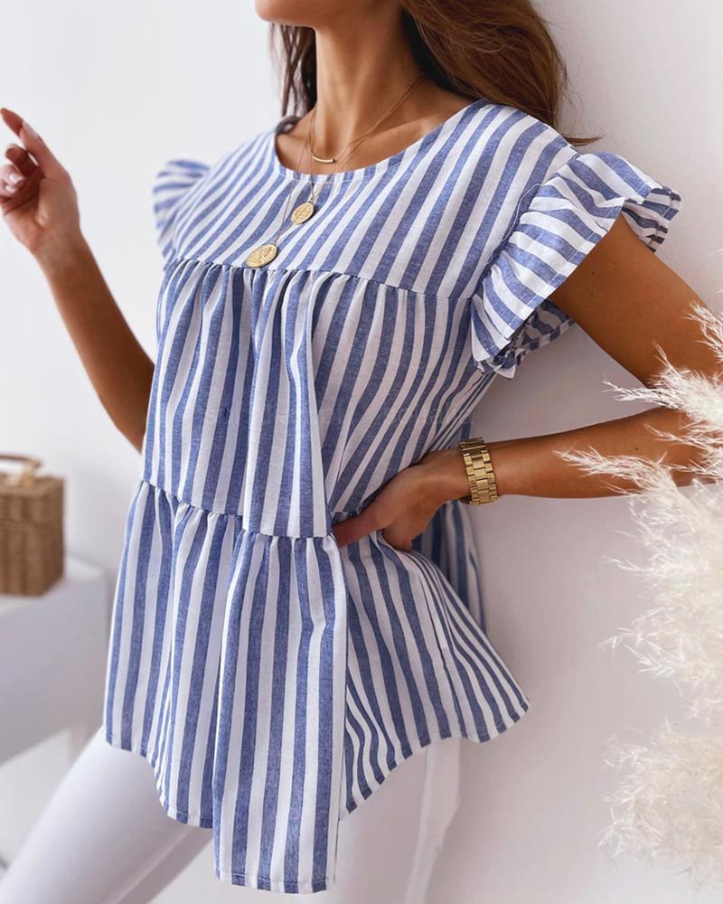 

Striped Print Flutter Sleeve Ruched Top, Blue