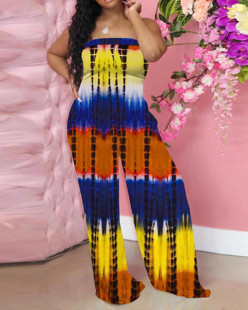 

Tie Dye Print Bandeau Wide Leg Jumpsuit, Yellow