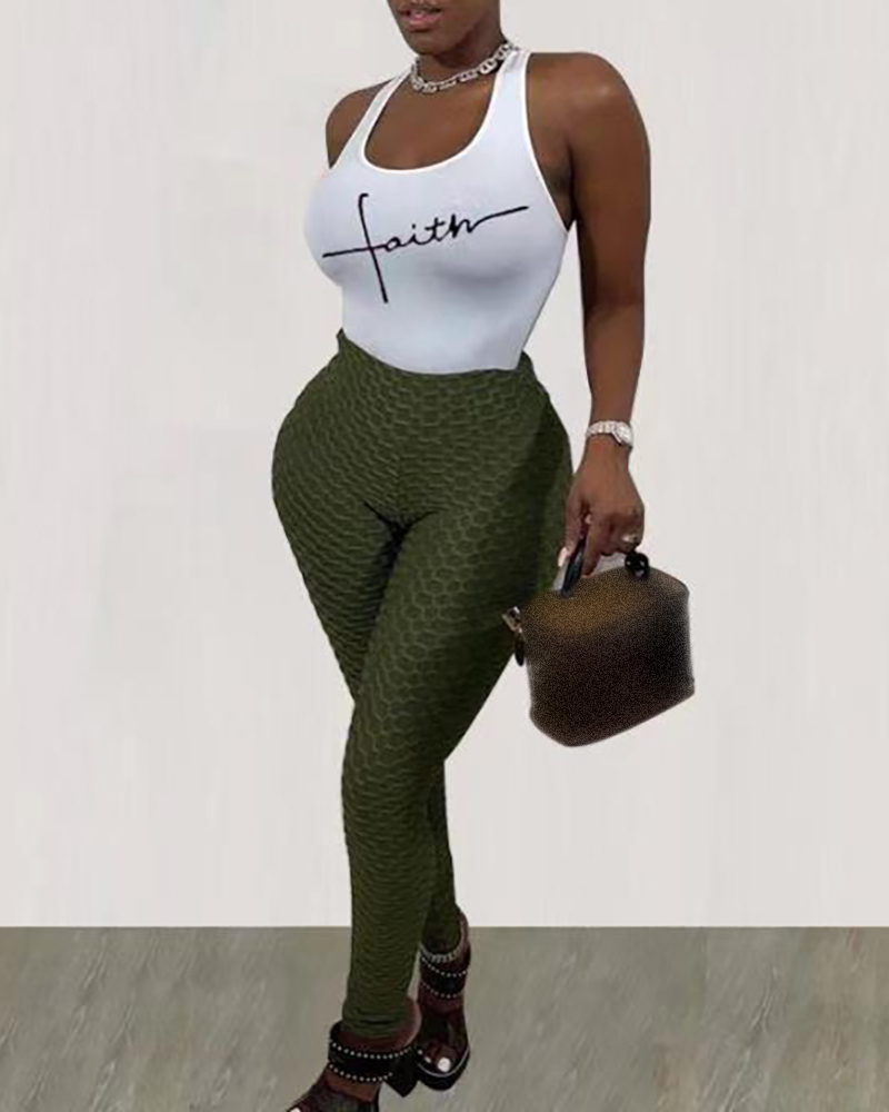 

Letter Print U Neck Tank & Skinny Pants Set, Army green