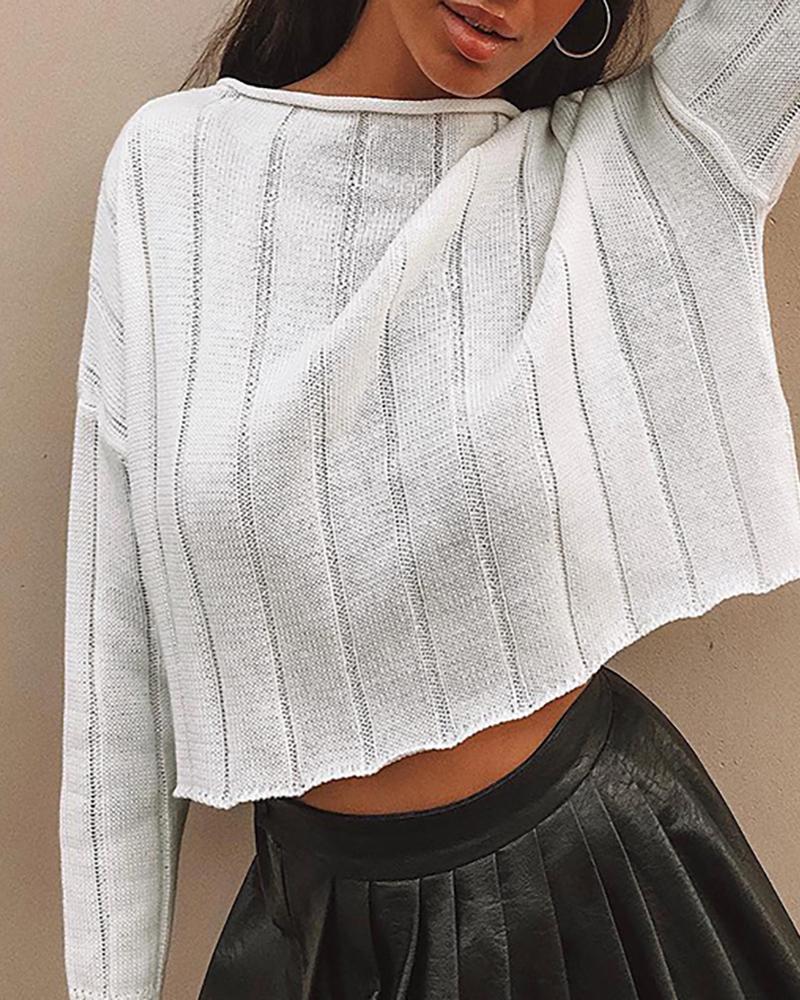 

Plain O-Neck Long Sleeve Crop Casual T-Shirt, White