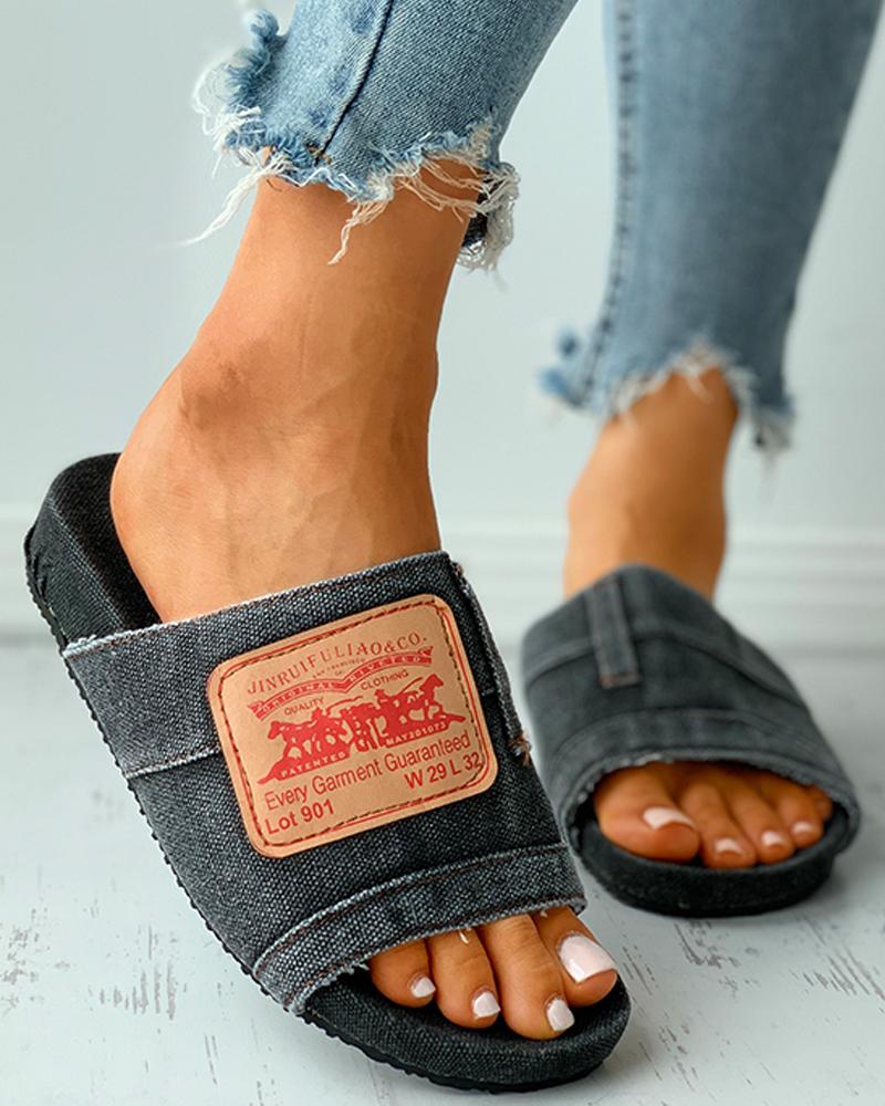 

Letter Print Denim Patch Flat Sandals, Dark grey