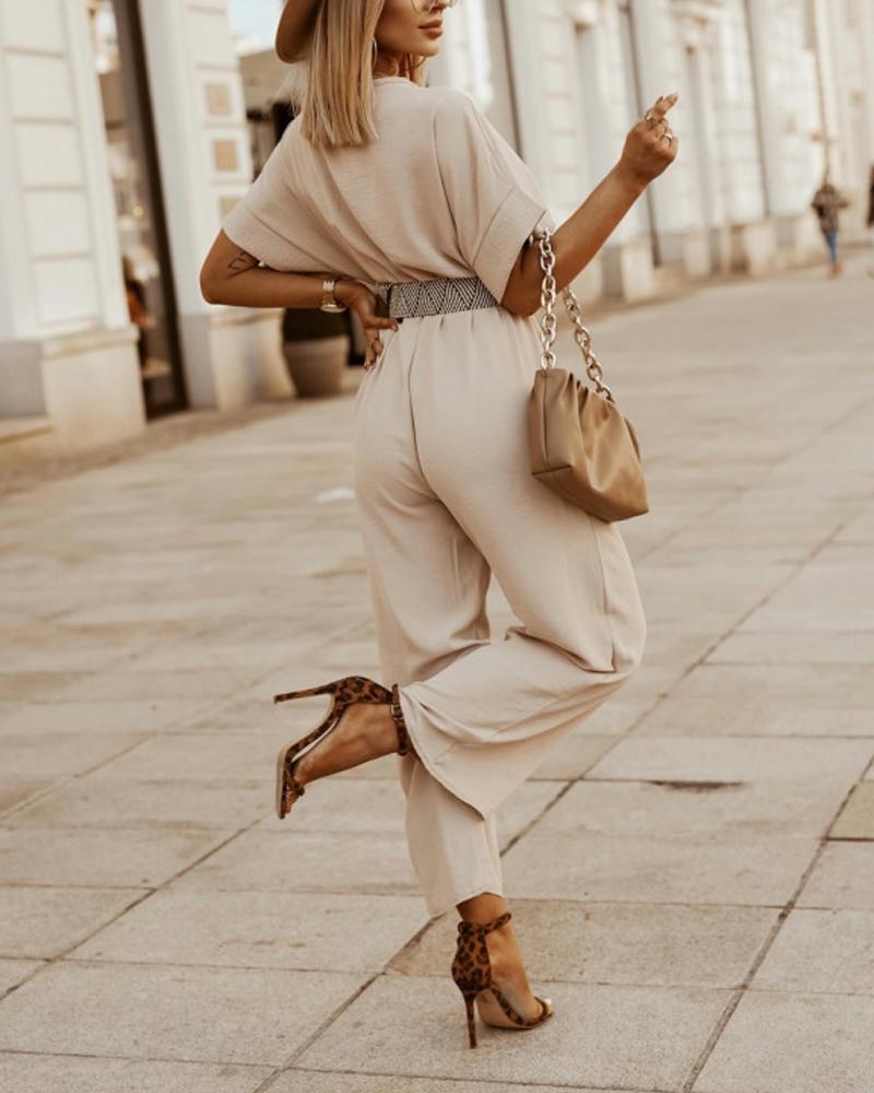 

V-Neck Half Sleeve Jumpsuit With Belt, Apricot