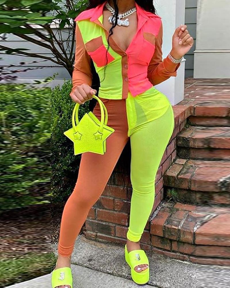 

Colorblock Patchwork Long Skinny Blouse Suit Sets, Green