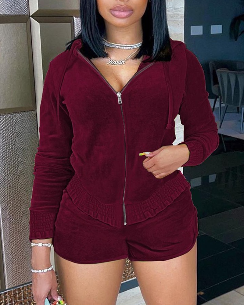 

Zip Up Drawstring Hooded Top & Shorts Set, Wine red