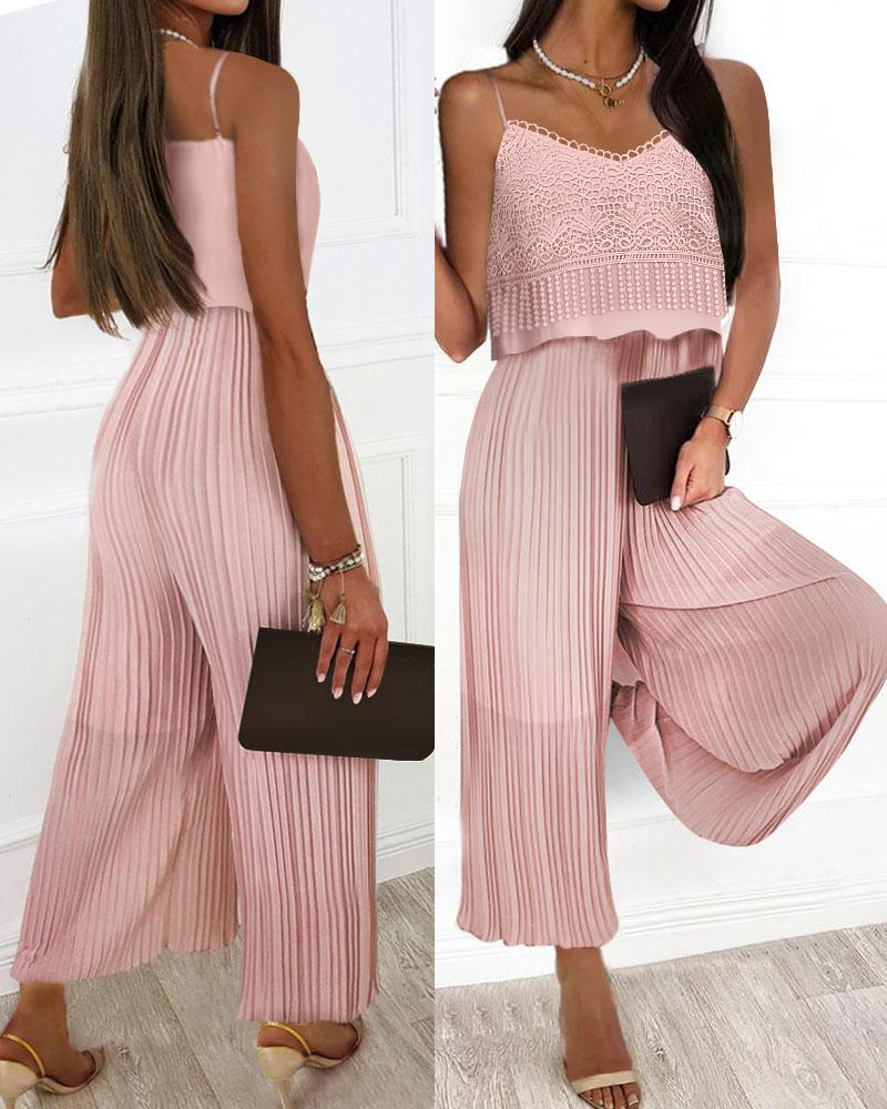 

Contrast Lace Ruffle Hem Pleated Wide Leg Jumpsuit, Pink